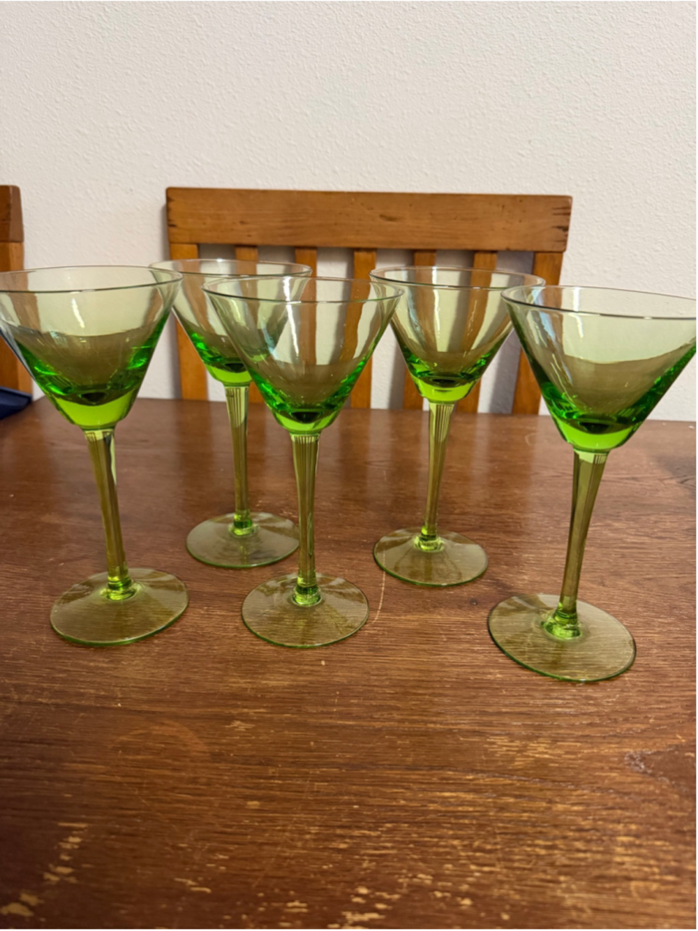 Vintage Green Martini Glasses Set of 5 Olive Cocktail Stemware MCM Barware